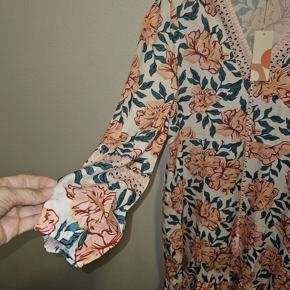 SunnySpirit Floral Boho Maxi Dress V-Neck Balloon Sleeve Tassel Size L - Picture 4 of 14